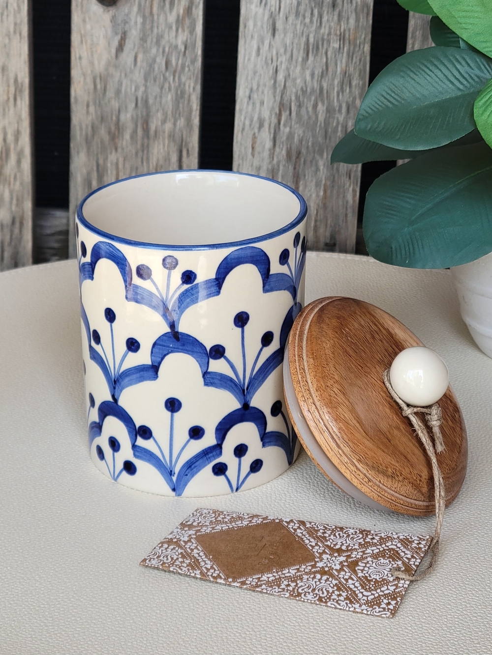 Handpainted Cobalt Blue Scalloped Pattern Stoneware Crock & Wood Lid